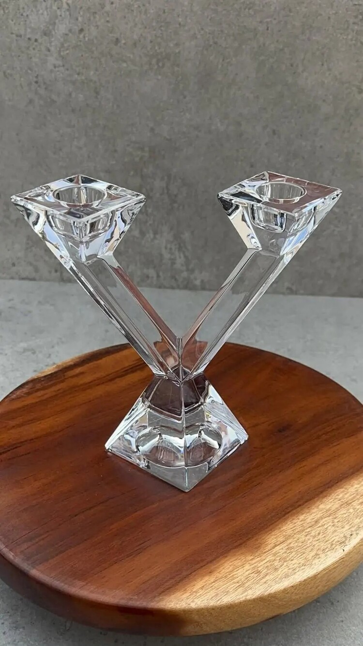 Vintage 1980s Mikasa Crystal V Double Candlestick Holder / Candelabra